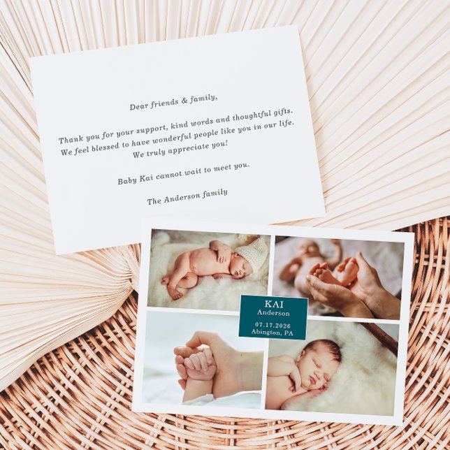 Dark Teal Classic Baby Photo Announcement Card (Creator Uploaded)