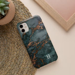 Dark Teal & Copper Marble Monogram iPhone 13 Case<br><div class="desc">Chic phone case features a rich dark teal marble background pattern with faux copper foil veining. Personalize with your single initial monogram in classic lettering.</div>