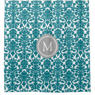 Dark Teal Damask Monogram Shower Curtain