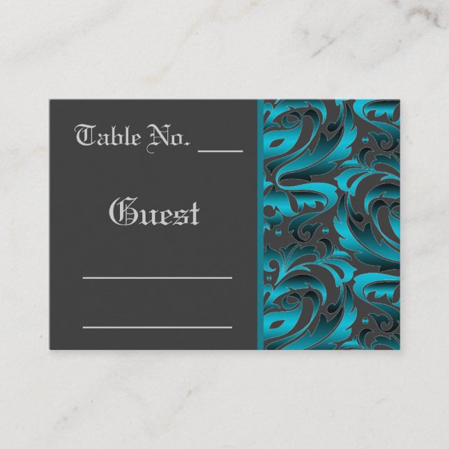 Dark Teal Damask Wedding Table PlaceCard (Front)