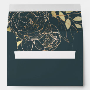 Dark Teal & Faux Gold Peony Modern Floral Wedding Envelope