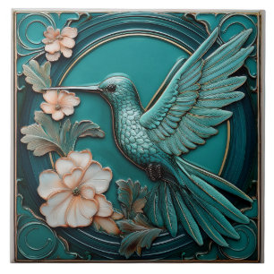 Dark teal faux relief Art Nouveau Hummingbird L Tile