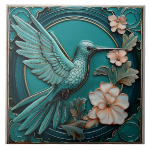 Dark teal faux relief Art Nouveau Hummingbird R Tile