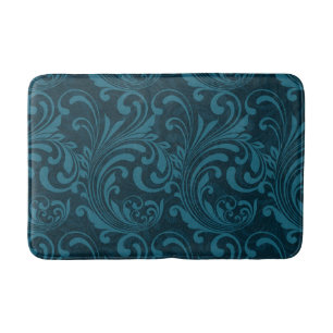 Dark teal floral damask pattern bath mat
