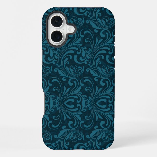 Dark teal floral damask pattern iPhone case (Back)