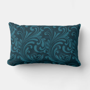 Dark teal floral damask pattern lumbar pillow