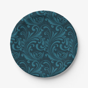 Dark teal floral damask pattern paper plate