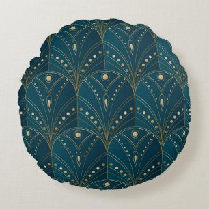 Dark teal floral damask pattern round pillow
