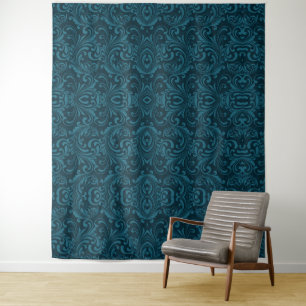 Dark teal floral damask pattern tapestry