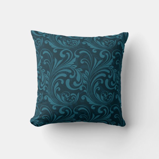 Dark teal floral damask pattern throw pillow (Front)
