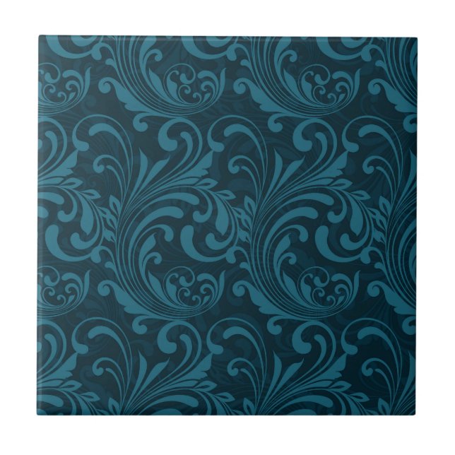 Dark teal floral damask pattern tile (Front)