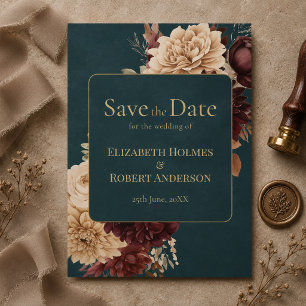 Dark Teal Floral Gothic Save the Date Invitation