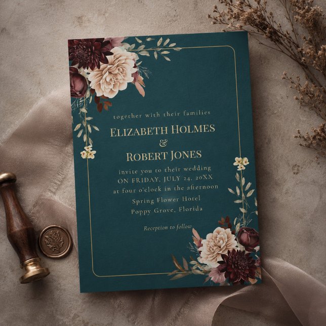 Dark Teal Floral Gothic Wedding Invitation (Dark Teal Floral Gothic Wedding Invitation)