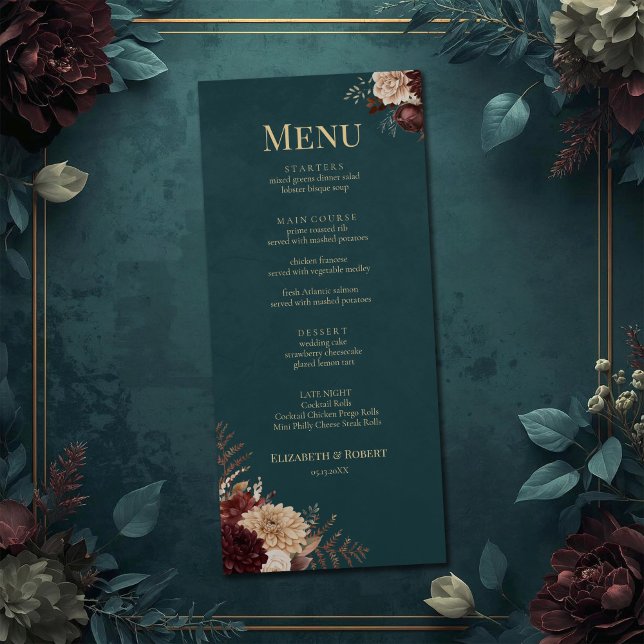 Dark Teal Floral Gothic Wedding Menu (Dark Teal Floral Gothic Wedding Menu on a teal vintage wedding table with flowers)
