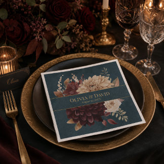 Dark Teal Floral Gothic Wedding Napkins