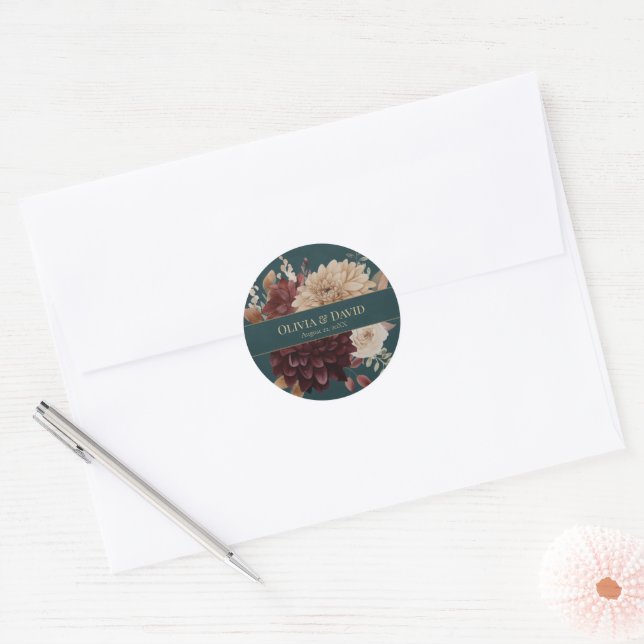 Dark Teal Floral Gothic Wedding Round Sticker (Envelope)