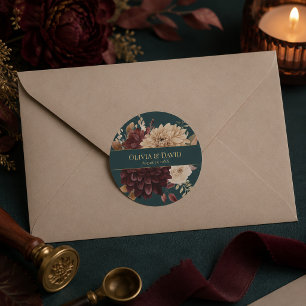 Dark Teal Floral Gothic Wedding Round Sticker