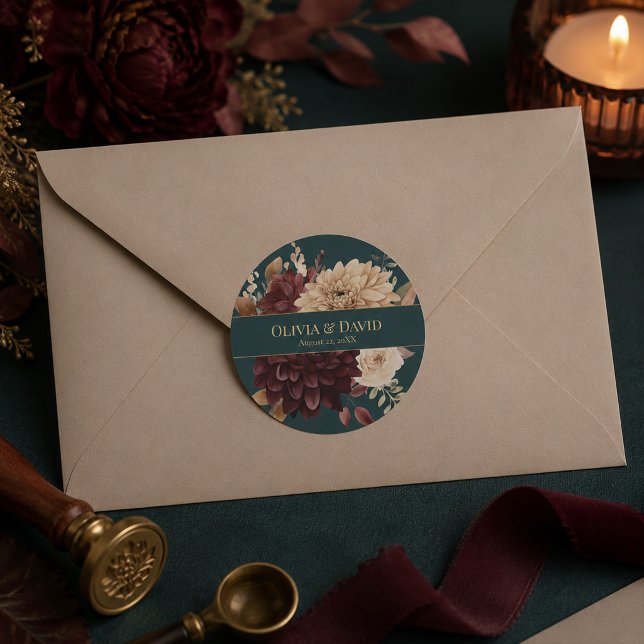 Dark Teal Floral Gothic Wedding Round Sticker (Dark Teal Floral Gothic Wedding Round Sticker)
