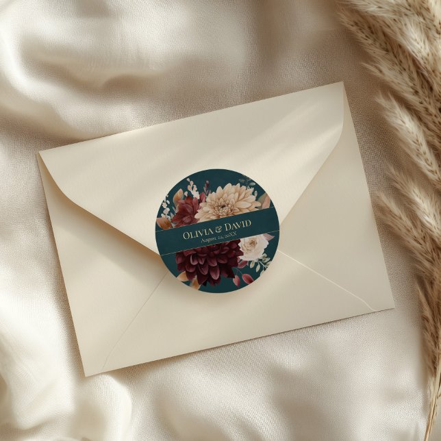Dark Teal Floral Gothic Wedding Round Sticker (Dark Teal Floral Gothic Wedding Round Sticker on an elegant neutral wedding envelope.)