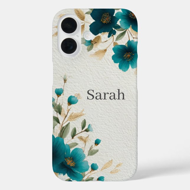 Dark Teal Flowers & Gold Leaves iPhone / iPad case (Back)
