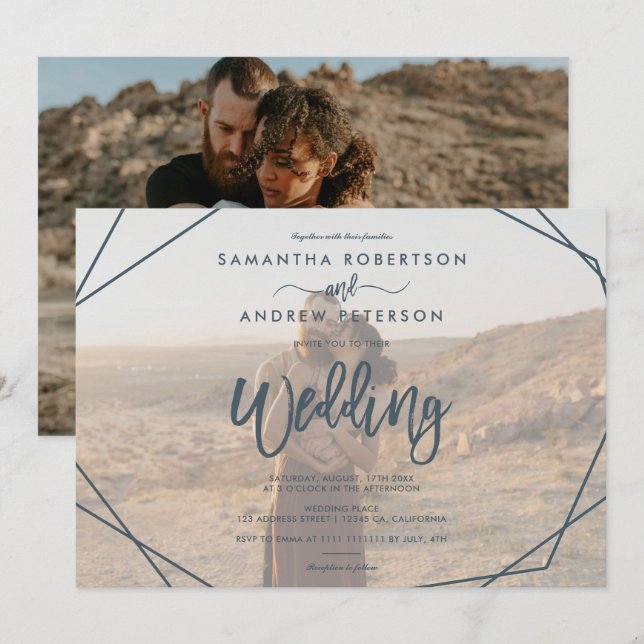Dark teal frame simple photo script wedding invitation (Front/Back)