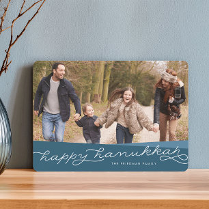 Dark Teal Geo Script Hanukkah Photo Holiday Card