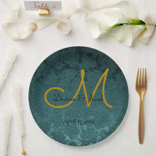 Dark Teal Gold Black Elegant Wedding Monogram Paper Plate
