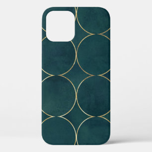 Dark Teal, Gold Circles Watercolor. iPhone 12 Case