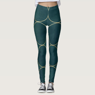 Dark Teal, Gold Circles Watercolor. Leggings