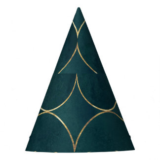 Dark Teal, Gold Circles Watercolor. Party Hat