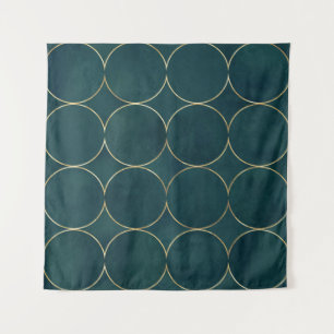 Dark Teal, Gold Circles Watercolor. Tapestry