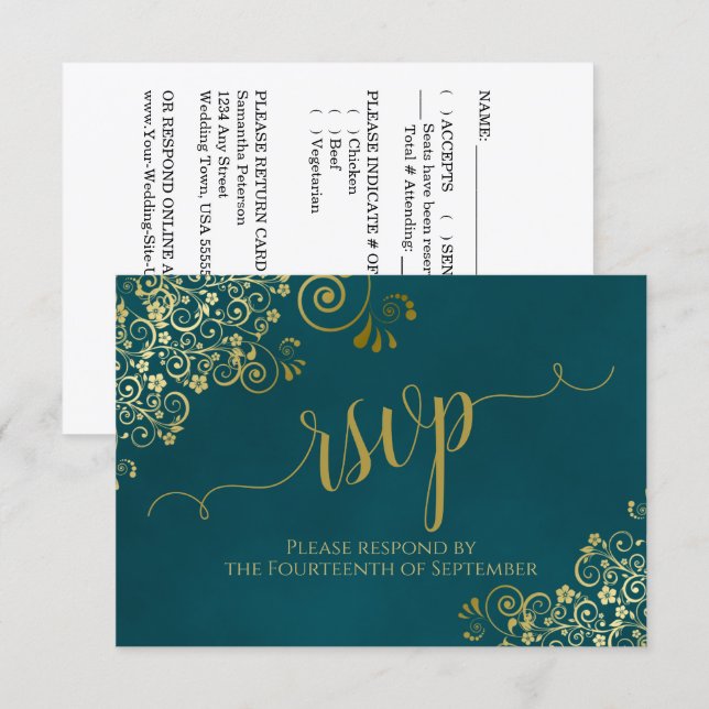 Dark Teal & Gold Elegant Lacy Calligraphy Wedding RSVP Card (Front/Back)