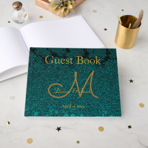 Dark Teal Gold Floral Fall Wedding Monogram Guest Book