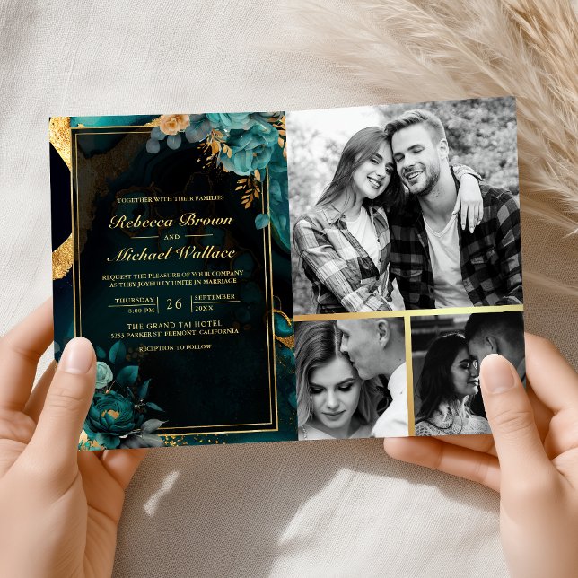 Dark Teal Gold Floral Marble QR Code Wedding Invitation (Creator Uploaded)