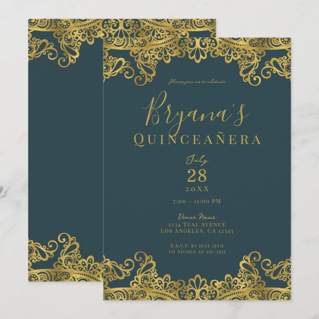 Dark Teal & Gold Lace Elegant Quinceañera Party   Invitation (Front/Back)