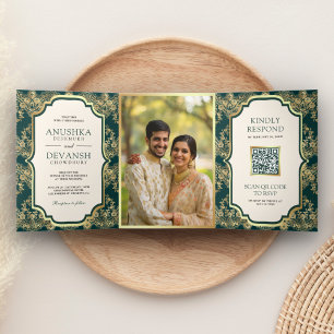 Dark Teal Gold Lace QR Code Photo Indian Wedding Tri-Fold Invitation