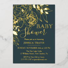 Dark Teal & Gold Modern Floral Baby Shower