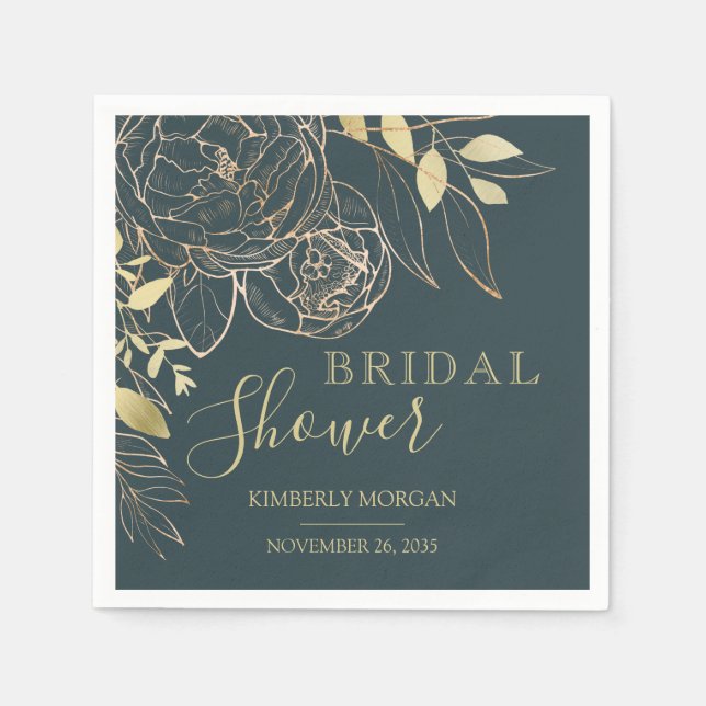 Dark Teal & Gold Modern Floral Bridal Shower Napki Napkin (Front)