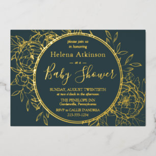 Dark Teal & Gold Modern Peony Toile Baby Shower