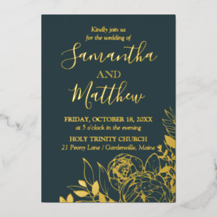 Dark Teal & Gold Peony Modern Floral Wedding