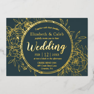 Dark Teal & Gold Peony Modern Toile Wedding