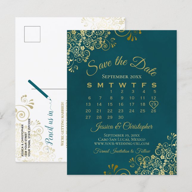 Dark Teal & Gold Wedding Save the Date Calendar Announcement Postcard (Front/Back)