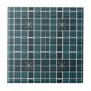 Dark Teal Grid Pattern Starburst Accent Modern Tile
