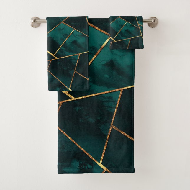 Dark Teal Ink Copper Gold Geometric Glam #1 Bath Towel Set (Insitu)