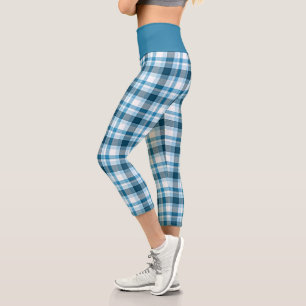 Dark Teal Light Blue White Plaid Tartan Check Capri Leggings