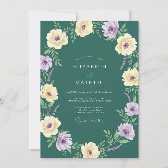 Dark Teal Lilac Wildflower Wedding Invitation (Front)