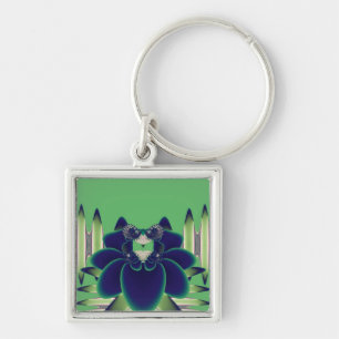 Dark Teal Lotus Fractal Botanical Art Keychain