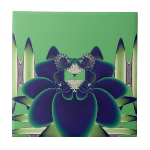 Dark Teal Lotus Fractal Botanical Art Tile