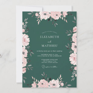 Dark Teal Lush Peony Wedding Invitation