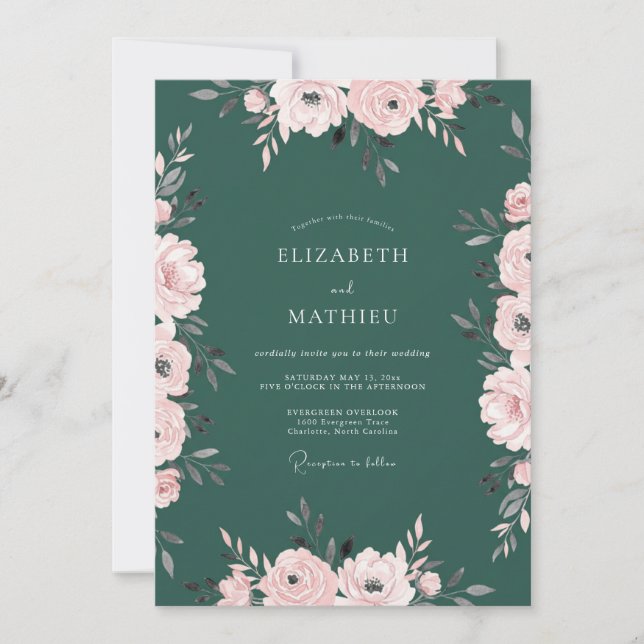 Dark Teal Lush Peony Wedding Invitation (Front)